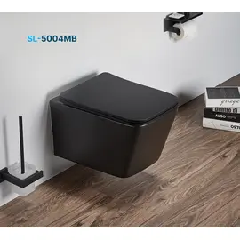 УНИТАЗ ПОДВЕСНОЙ БЕЗОБОДКОВЫЙ SANTILINE SL-5004MB ЧЕРНЫЙ МАТОВЫЙ С СИДЕНЬЕМ МИКРОЛИФТ 520*36*350