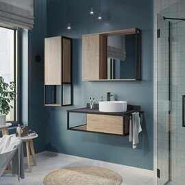 ТУМБА-УМЫВАЛЬНИК COMFORTY ЛИССАБОН-95 ДУБ ТЕМНЫЙ С ПРАВОЙ ЧЕРНОЙ СТОЛЕШНИЦЕЙ С РАКОВИНОЙ COMFORTY 9111