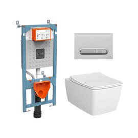 КОМПЛЕКТ ПОДВЕСНОЙ БЕЗОБОДКОВЫЙ УНИТАЗ VITRA METROPOLE RIM-EX, СИСТЕМА ИНСТАЛЛЯЦИИ VITRA V12, КНОПКА LOOP T МАТОВЫЙ ХРОМ, ТОНКОЕ СИДЕНЬЕ МИКРОЛИФТ