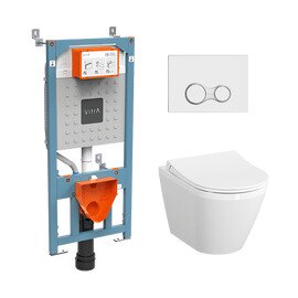 КОМПЛЕКТ ПОДВЕСНОЙ БЕЗОБОДКОВЫЙ УНИТАЗ VITRA INTEGRA ROUND, СИСТЕМА ИНСТАЛЛЯЦИИ VITRA V12, КНОПКА SIRIUS ГЛЯНЦЕВЫЙ ХРОМ, ТОНКОЕ СИДЕНЬЕ МИКРОЛИФТ