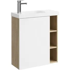 ПОДВЕСНАЯ ТУМБА AQWELLA 60 СМ ЛЕВАЯ С ОДНОЙ ДВЕРЬЮ И ОТКРЫТЫМИ ПОЛОЧКАМИ, КОРПУС - ДУБ ДАВОС, ФАСАД - БЕЛЫЙ МАТОВЫЙ