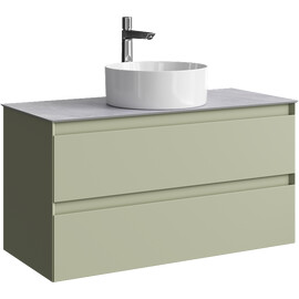 ПОДВЕСНАЯ ТУМБА AQWELLA С ДВУМЯ ЯЩИКАМИ 100 СМ, ЗЕЛЕНЫЙ ШАЛФЕЙ СО СТОЛЕШНИЦЕЙ СЕРЫЙ КАМЕНЬ И НАКЛАДНЫМ УМЫВАЛЬНИКОМ 