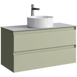 ПОДВЕСНАЯ ТУМБА AQWELLA С ДВУМЯ ЯЩИКАМИ 100 СМ, ЗЕЛЕНЫЙ ШАЛФЕЙ СО СТОЛЕШНИЦЕЙ СЕРЫЙ КАМЕНЬ И НАКЛАДНЫМ УМЫВАЛЬНИКОМ 