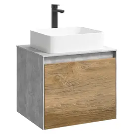ПОДВЕСНАЯ ТУМБА AQWELLA 60 СМ С ДВУМЯ ЯЩИКАМИ, БЕТОН СВЕТЛЫЙ/ДУБ БАЛТИЙСКИЙ, С УМЫВАЛЬНИКОМ