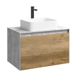 ПОДВЕСНАЯ ТУМБА AQWELLA 80 СМ С ДВУМЯ ЯЩИКАМИ, БЕТОН СВЕТЛЫЙ/ДУБ БАЛТИЙСКИЙ, С УМЫВАЛЬНИКОМ