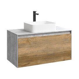 ПОДВЕСНАЯ ТУМБА AQWELLA 100 СМ С ДВУМЯ ЯЩИКАМИ, БЕТОН СВЕТЛЫЙ/ДУБ БАЛТИЙСКИЙ, С УМЫВАЛЬНИКОМ