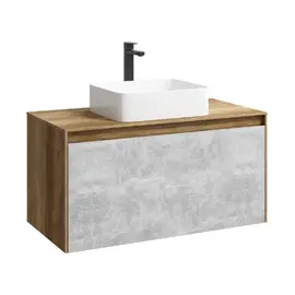 ПОДВЕСНАЯ ТУМБА AQWELLA 100 СМ С ДВУМЯ ЯЩИКАМИ, ДУБ БАЛТИЙСКИЙ/БЕТОН СВЕТЛЫЙ, С УМЫВАЛЬНИКОМ