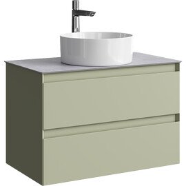 ПОДВЕСНАЯ ТУМБА AQWELLA С ДВУМЯ ЯЩИКАМИ 81 СМ, ЗЕЛЕНЫЙ ШАЛФЕЙ СО СТОЛЕШНИЦЕЙ СЕРЫЙ КАМЕНЬ И НАКЛАДНЫМ УМЫВАЛЬНИКОМ 