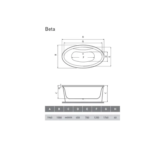 ВАННА АКРИЛОВАЯ VAYER BETA 194X100 KPL EXKLUSIV