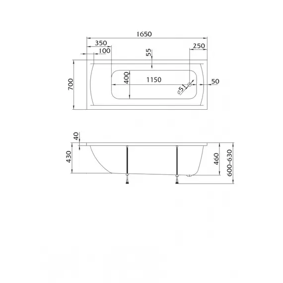 ВАННА АКРИЛОВАЯ VAYER MILANA 165X70
