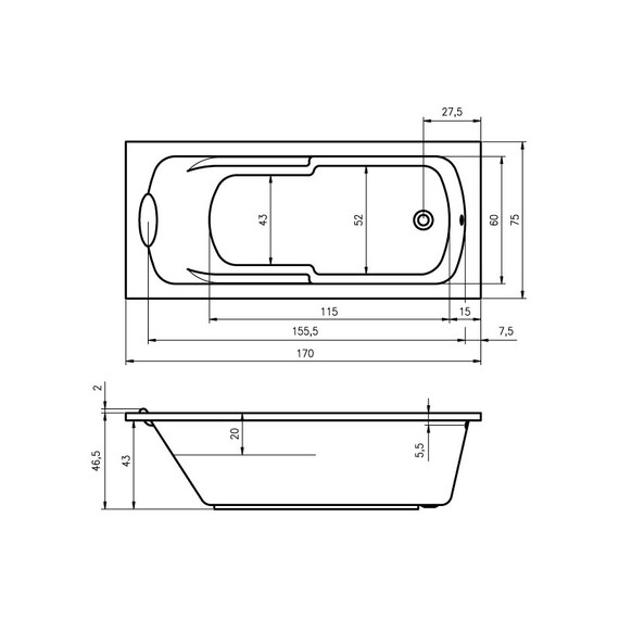ВАННА АКРИЛОВАЯ RHO VIRGO 170X75
