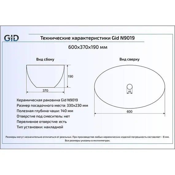 КЕРАМИЧЕСКАЯ РАКОВИНА GID N9019