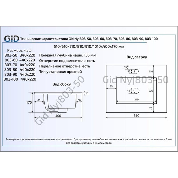 КЕРАМИЧЕСКАЯ РАКОВИНА GID NYJ803-100