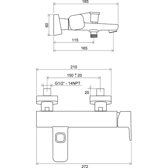 СМЕСИТЕЛЬ ДЛЯ ВАННЫ RAVAK TD 022.00/150 ММ