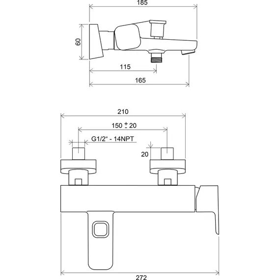 СМЕСИТЕЛЬ ДЛЯ ВАННЫ RAVAK TD 022.00/150 ММ