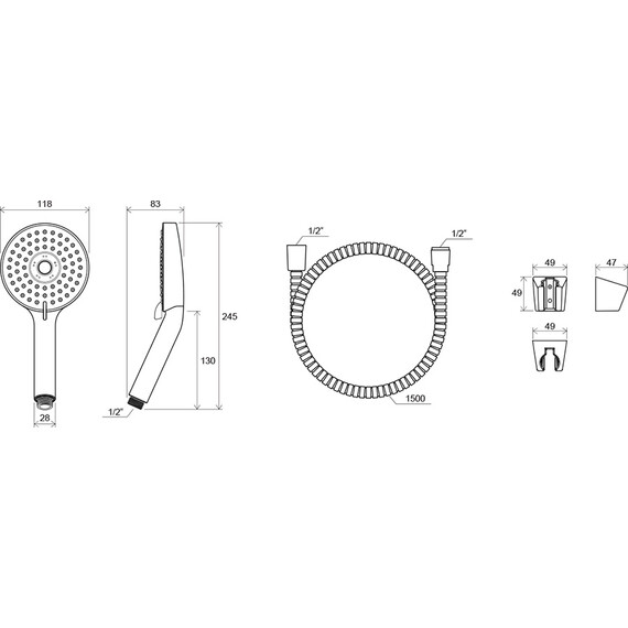 ДУШЕВОЙ НАБОР - ШЛАНГ 150 СМ, ДУШЕВАЯ ЛЕЙКА FLAT M (3 ФУНКЦИИ), ДЕРЖАТЕЛЬ RAVAK 903.00