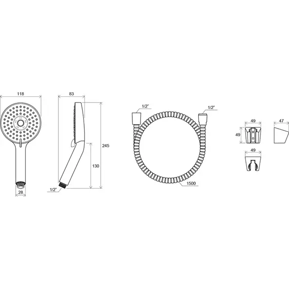 ДУШЕВОЙ НАБОР - ШЛАНГ 150 СМ, ДУШЕВАЯ ЛЕЙКА FLAT M (3 ФУНКЦИИ), ДЕРЖАТЕЛЬ RAVAK 903.00