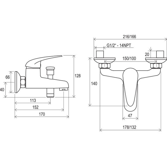 СМЕСИТЕЛЬ ДЛЯ ВАННЫ БЕЗ ЛЕЙКИ RAVAK SN 022.00/150