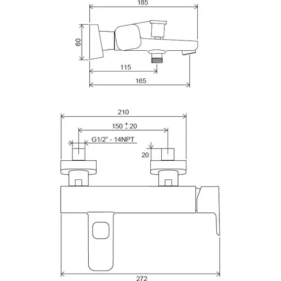 СМЕСИТЕЛЬ ДЛЯ ВАННЫ RAVAK TD F 022.00/150 ММ