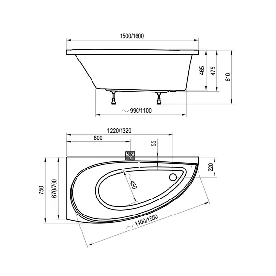 ВАННА АСИММЕТРИЧНАЯ RAVAK AVOCADO 160X75 L