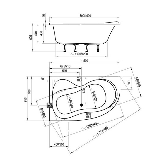 ВАННА АСИММЕТРИЧНАЯ RAVAK ROSA 95 160X95 L