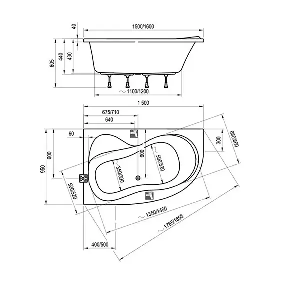 ВАННА АСИММЕТРИЧНАЯ RAVAK ROSA 95 160X95 R