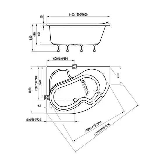 ВАННА АСИММЕТРИЧНАЯ RAVAK ROSA I 150X105 R