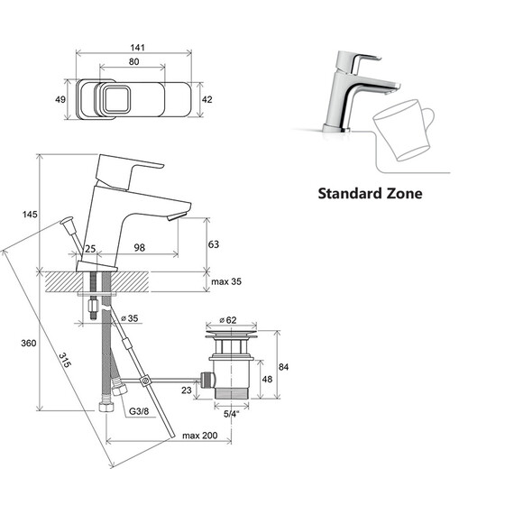 СМЕСИТЕЛЬ ДЛЯ УМЫВАЛЬНИКА С ДОННЫМ КЛАПАНОМ 140 ММ RAVAK TD 011.00