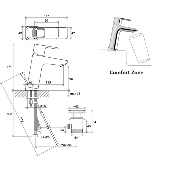 СМЕСИТЕЛЬ ДЛЯ УМЫВАЛЬНИКА С ДОННЫМ КЛАПАНОМ 170 ММ RAVAK TD 013.00