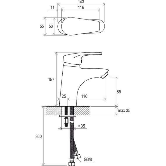 СМЕСИТЕЛЬ ДЛЯ УМЫВАЛЬНИКА БЕЗ ДОННОГО КЛАПАНА RAVAK NO 012.00