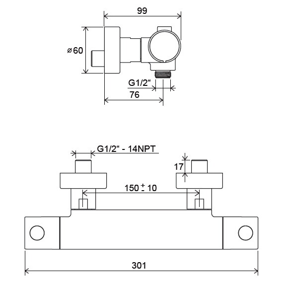 СМЕСИТЕЛЬ НАСТЕННЫЙ ТЕРМОСТАТИЧЕСКИЙ ДЛЯ ДУША БЕЗ ГАРНИТУРЫ RAVAK PU 033.00/150