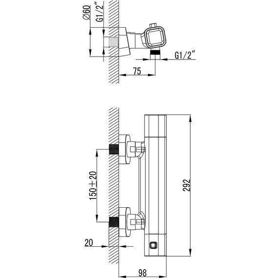 СМЕСИТЕЛЬ НАСТЕННЫЙ ТЕРМОСТАТИЧЕСКИЙ ДЛЯ ДУША БЕЗ ГАРНИТУРЫ RAVAK TERMO 300 TD 033.00/150