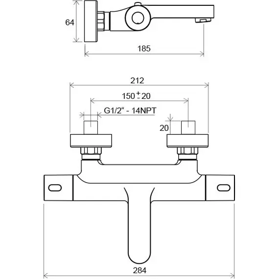 СМЕСИТЕЛЬ НАСТЕННЫЙ ТЕРМОСТАТИЧЕСКИЙ ДЛЯ ВАННЫ БЕЗ ГАРНИТУРЫ RAVAK TERMO 300 TE 023.00/150