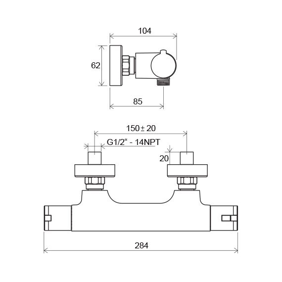 СМЕСИТЕЛЬ ДЛЯ ДУША НАСТЕННЫЙ ТЕРМОСТАТИЧЕСКИЙ RAVAK TE 032.00/150