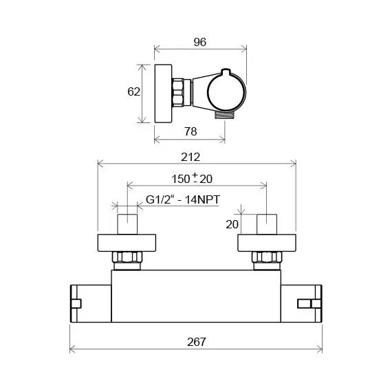СМЕСИТЕЛЬ НАСТЕННЫЙ ТЕРМОСТАТИЧЕСКИЙ ДЛЯ ДУША БЕЗ ГАРНИТУРЫ RAVAK TE 072.00/150