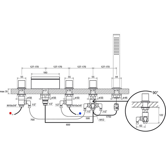 СМЕСИТЕЛЬ ВРЕЗНОЙ КАСКАДНЫЙ ДЛЯ ВАНН RAVAK WF 025.00