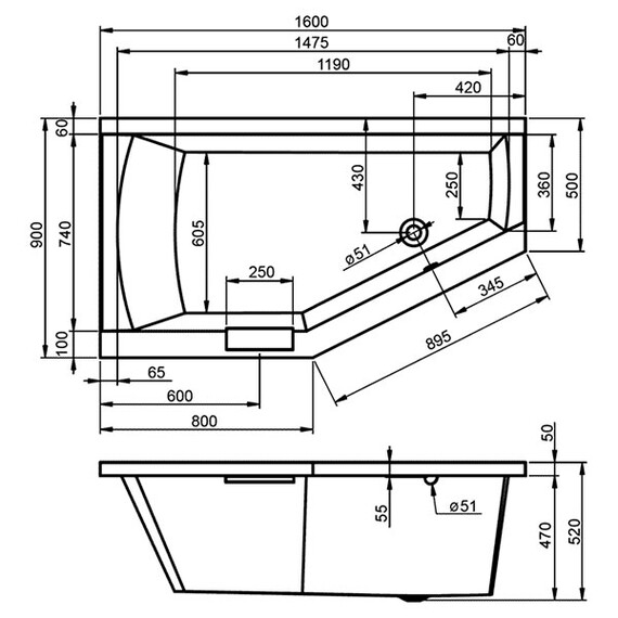 ВАННА АКРИЛОВАЯ RIHO GETA 160X90 R