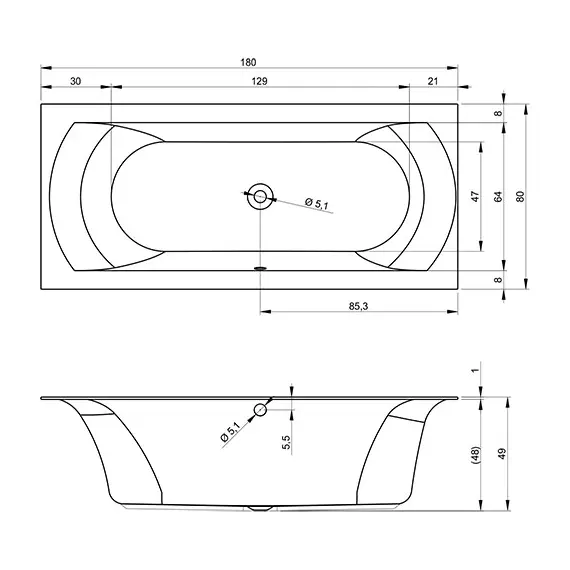 ВАННА АКРИЛОВАЯ RIHO LINARES RIGHT 180X80 C ТОНКИМ БОРТОМ