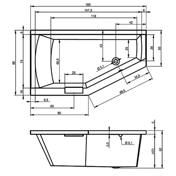 ВАННА АКРИЛОВАЯ RIHO GETA С МОНОЛИТНОЙ ПАНЕЛЬЮ PLUG & PLAY L 160X90