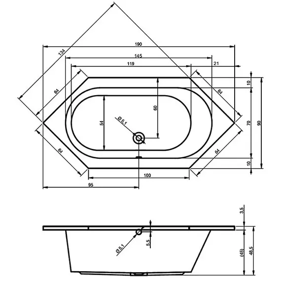 ВАННА АКРИЛОВАЯ С МОНОЛИТНОЙ ПАНЕЛЬЮ RIHO KANSAS PLUG & PLAY 190X90