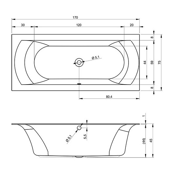 ВАННА АКРИЛОВАЯ RIHO LINARES RIGHT 170X75 C ТОНКИМ БОРТОМ