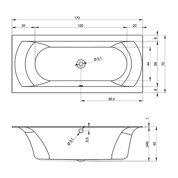 ВАННА АКРИЛОВАЯ RIHO LINARES RIGHT 170X75 C ТОНКИМ БОРТОМ