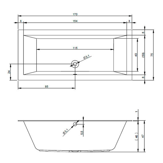 ВАННА АКРИЛОВАЯ RIHO LUGO 170X75 C ТОНКИМ БОРТОМ