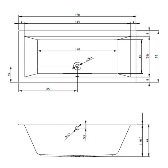 ВАННА АКРИЛОВАЯ RIHO LUGO 170X75 C ТОНКИМ БОРТОМ