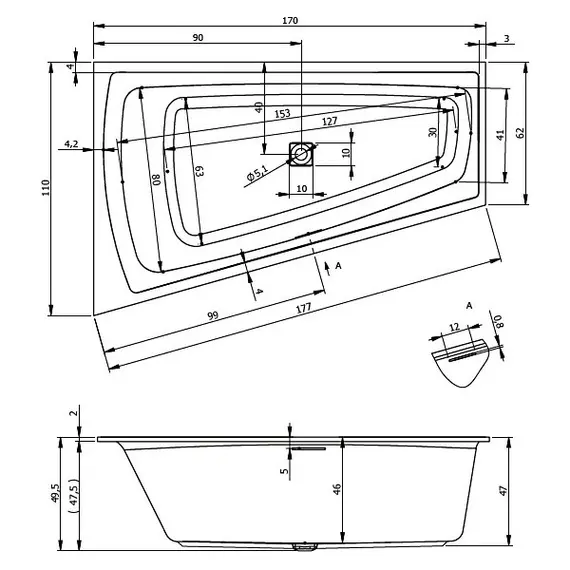 ВАННА АКРИЛОВАЯ RIHO STILL SMART LED R 170X110