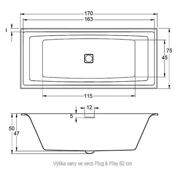 ВАННА АКРИЛОВАЯ С МОНОЛИТНОЙ ПАНЕЛЬЮ RIHO STILL ELITE SQUARE PLUG & PLAY L 170X75
