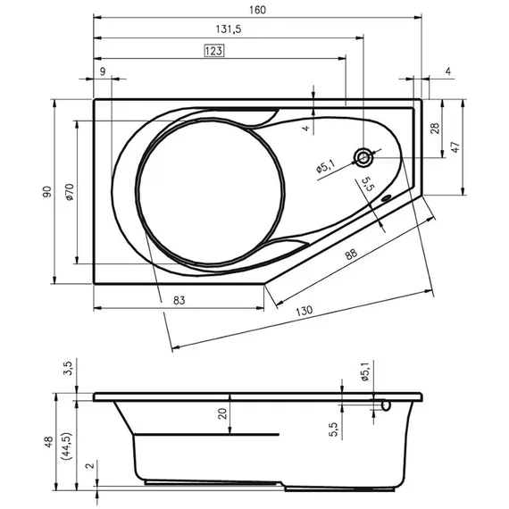 ВАННА АКРИЛОВАЯ С МОНОЛИТНОЙ ПАНЕЛЬЮ RIHO YUKON PLUG & PLAY R 160X90