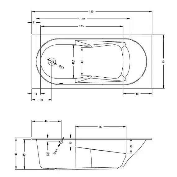 ВАННА АКРИЛОВАЯ RIHO LAZY L 180X80