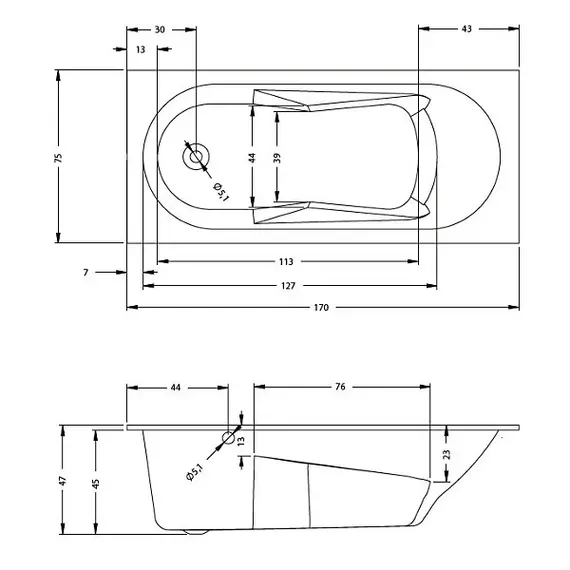 ВАННА АКРИЛОВАЯ RIHO LAZY L 170X75