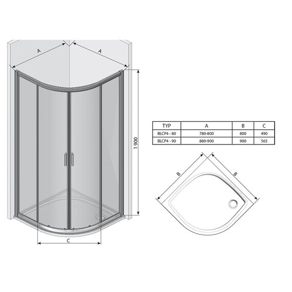 ДУШЕВОЙ УГОЛОК ПОЛУКРУГЛЫЙ RAVAK BLIX BLCP4-90 БЕЛЫЙ+ТРАНСПАРЕНТ